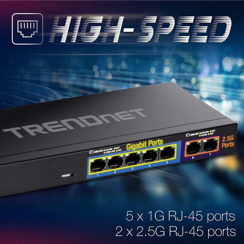 Trendnet 7-Port Multi-Gig Gaming Switch, TEG-S327, 5 x 1G RJ-45 Base-T Ports, 2 x 2.5G RJ-45 Ports, 20Gbps Switching Capacity, Wall Mountable, Plug & Play, Lifetime Protection, Black - Image 3